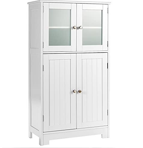 COSTWAY Armario del Baño con 4 Puertas, Armario con Puertas de Vidrio, Despenda de Madera para Cocina con Repisas Regulables, Organizador Multiuso para Casa Salón Oficina