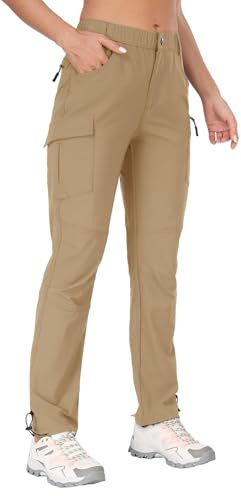 GymBrave Pantalon cargo de randonnée pour femme, séchage rapide pour l'extérieur et le camping, modèle Capri hydrofuge UPF 50 avec poches zippées, Kaki long, M