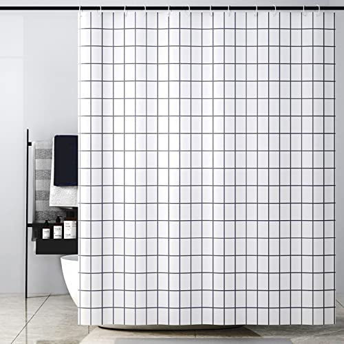 OCEUMACO Kariert Duschvorhang 180x180 Shower Curtains Textil Antischimmel Wasserdicht Geometrisch Motiv Duschvorhänge Badewanne Lang Waschbar Stoff Dusche Vorhang mit Haken - Weiß