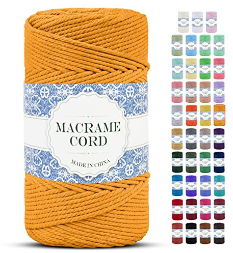 Uiopa Makramee Garn 4mm x 200m Natürliche Baumwollkordel Baumwollseil Baumwollgarn Baumwollschnur, Macrame Cord 4mm für DIY Basteln Stricken Wandbehang Pflanze Aufhänger Boho Deko (Golden)
