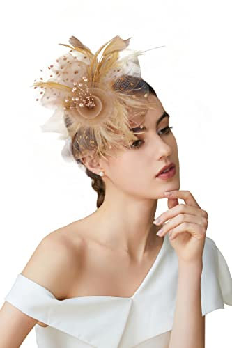 BABEYOND Mesh Feder Fascinator Blume Haar Clip Fascinators Hut Braut Kopfschmuck Hochzeit Kirche Tee Party Derby Hüte Rennen Hüte, gold, Einheitsgröße