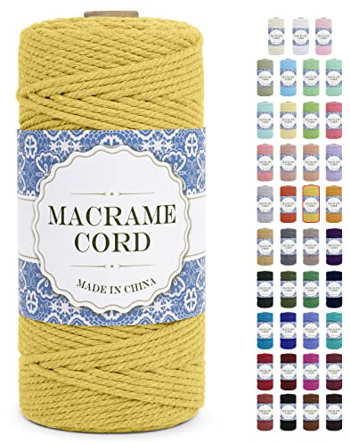 Uiopa Corde Macramé 3mm x 100m Ficelle Macramé Naturel Cordon Coton Fil Macramé 3mm Cordelette pour Suspension Murale Tressée de Plante Rideau Bricolage Décoration Intérieure Boho (Jaune Citron)