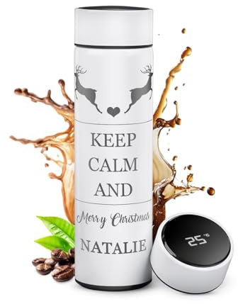 Maverton Thermobecher Kaffeebecher mit Gravur 450 ml, auslaufsicher, Weiß | Auslaufsicher 100% dicht, Isolierflasche mit LED-Temperaturanzeige, Thermosflasche zu Weihnachten, Keep Calm
