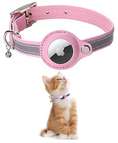 KOLACEN Reflective Leather AirTag Cat Collar, GPS Cat Collar with AirTag Adjustable Holder and Bell Compatible with Apple AirTag, Anti-Lost Cat Tracker Collar for Cats Kittens and Small Dogs (Pink)