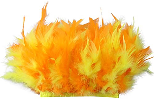 2M Türkei Federn Fringe Trim,Truthahnfedern mit Satinband Natürlichen Feder Fransen für DIY Tuch Kleid nähen Handwerk Weihnachten kostüme Dekoration Halloween Federband Bastelzubehör,Orange + Gelb