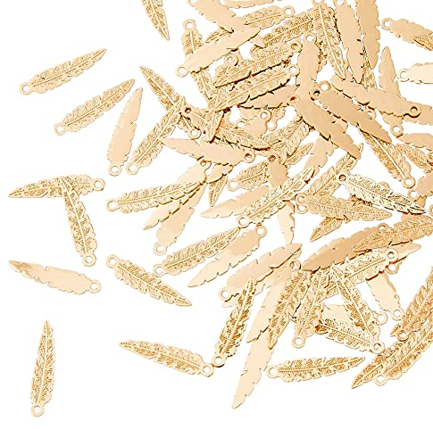 DICOSMETIC 150 Stück Hellgoldene Feder Charme Engelsflügel Feder Baumeln Charme Schlanke Blatt Anhänger Charme Messing Anhänger Für Die Schmuckherstellung, Bohrung: 1 mm