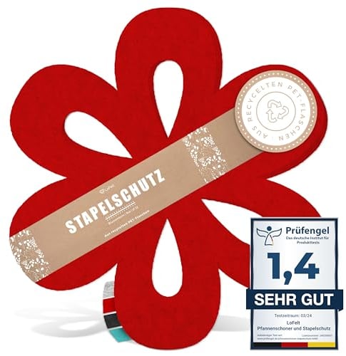 LoFelt® Pfannenschoner & Stapelschutz für Pfannen, Töpfe, Schüsseln und noch mehr Küchenutensilien - 5 Stück in L Ø 32cm - Pfannenschutz Topfschutz aus Filz in Rot - Blumenform