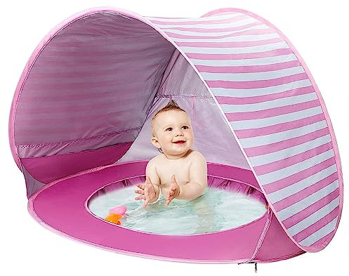 Tienda de campaña de playa para bebé con piscina, fácil de plegar y desplegar, tienda de campaña única del mundo del océano, protección UV UPF 50+, parques de playa (protección UV, rosa de piscina)