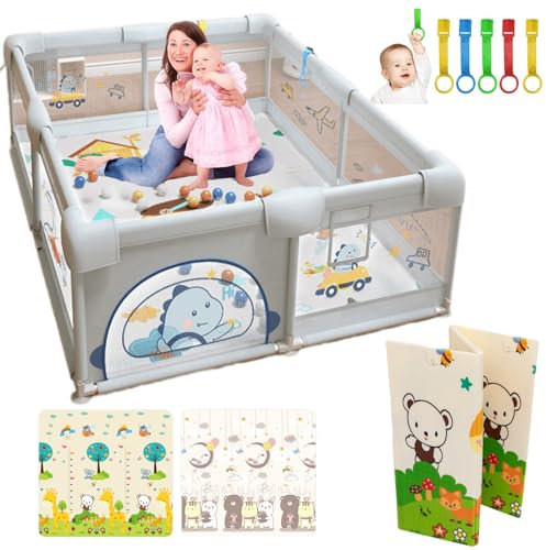 PARVULI Parque Infantil Bebe 150x180cm - Corralito Bebe con 6 agarraderas y Alfombra de Juegos Acolchada - Parque Bebes para Casa Plegable con Malla Transpirable y Vayas con Protecciones
