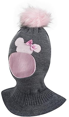 Smarilla Wintermütze Schalmütze Strickmütze Schlupfmütze warme Mädchenmütze Bommelmütze, Farbe: Dunkelgrau-Hellrosa, Größe: 50-52