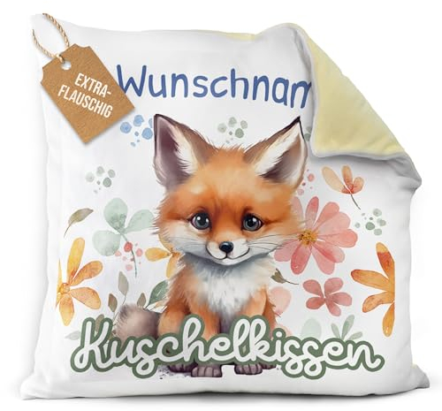 PR Print Royal Flauschiges Kuschel-Kissen für Kinder mit Füllung mit Name selbst gestalten - Fuchs Kissen für Mädchen und Jungs, Kinderkissen mit Name | 40 x 40 cm, Rückseite Gelb Flauschig