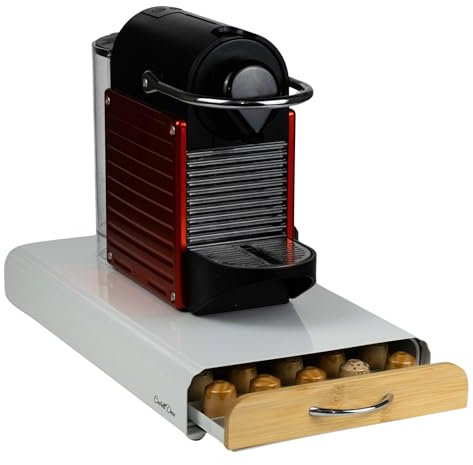 Castell Deco - Cassetto Cafe Supporto Organizzatore compatibile con Capsule Nespresso, 100% Metallo e Legno, Capacità 50x, Per conservare dispenser Capsule di caffè. (Bambu)