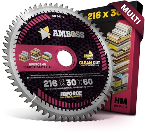 HM Kreissägeblatt 216x30 Z60 Flachzahn mit Wechselfase für Multi - Feinschnitt. AMBOSS WERKZEUGE® Sägeblatt 216mm komp. zu Metabo TS 216 Bosch GCM 8. GCM 800 SJ. PCM 8.GCM 305-216 D Güde GFO 1401