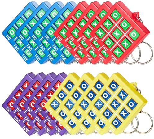 16 Stück Tic Tac Toe Schlüsselanhänger Set, Mini Tic Tac Toe Anhänger, Schlüsselring Geschenk für Mädchen Geburtstag Jungen Party (Rot+ Blau+ Gelb+ Lila)
