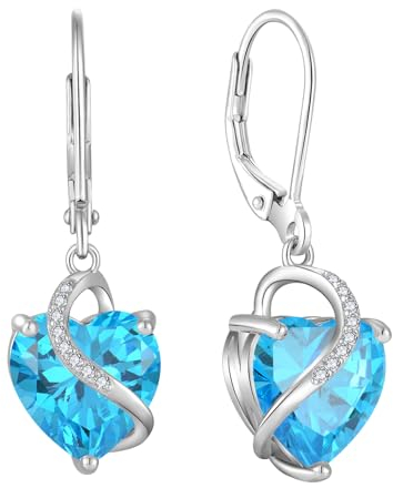 JO WISDOM Damen Hängende Ohrringe Ohrhänger Herz Silber 925 mit 3A Zirkonia Kristall März Geburtsstein Aquamarin Farbe,Schmuck für Frauen