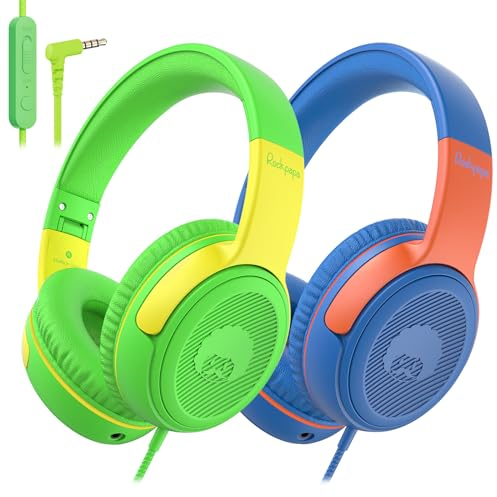 RockPapa Share 2 Pack Kinder Kopfhörer, 85dB/94dB Lautstärkebegrenzung, Kopfhörer Kinder mit Mikrofon, Sharing-Funktion, Faltbarer Kopfhörer Over-Ear für Schule, Travel (Gelb Grün/Blau Orange)
