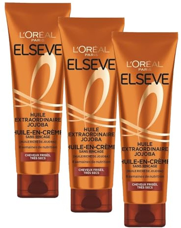 L'Oréal Paris Elsève L'Oréal Paris Huile-en-Crème de Nutrition sans Rinçage pour Cheveux Très Secs et Frisés 150 ml (Lot de 3)