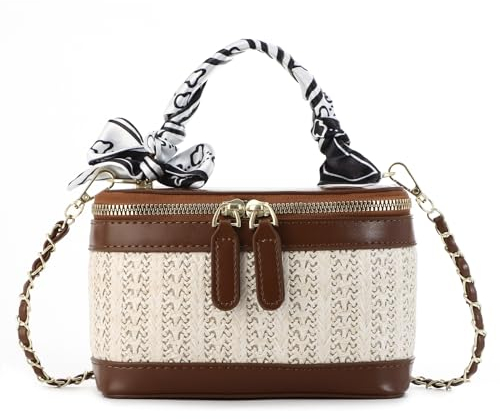 Ynport Crefreak Bolso Bandolera de Paja Para Mujer Bolso de Paja Pequeño Elegante Bolso Cuadrado con Asa Superior Bolso de Hombro de Cubo de Moda, Marrón