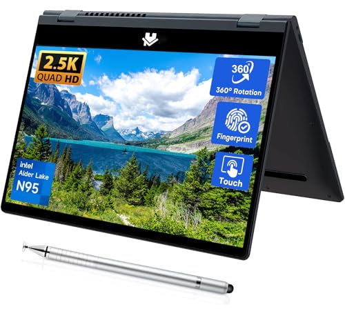 LONGEVINCE 14'' 2 in 1 Touchscreen Laptop,2560 * 1440 IPS LCD,Celeron N95(up to 3.4GHz), 16GB DDR4, 360°Open and Close with Stylus Pen, Backlit Keyboard,Fingerprint Unlock,2.4G/5G WiFi (16G+960GB SSD)