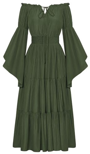 SCARLET DARKNESS Medieval Pirate Renaissance Dress Women Halloween Christmas Dresses Off Shoulder Bell Sleeve Plus Size Maxi Dress Olive Green XXL