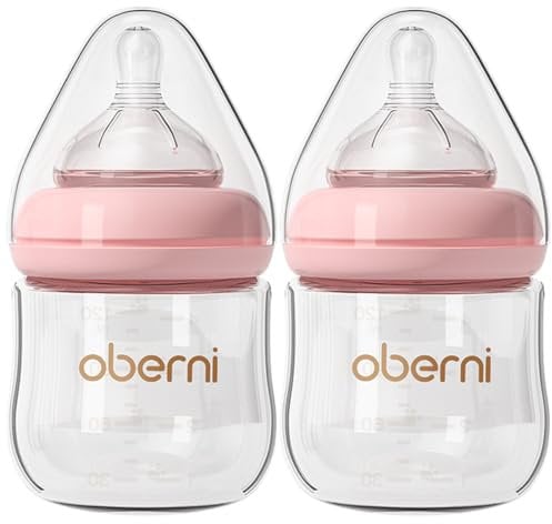 Oberni Glass Baby Bottle, Anti-Colic Baby Bottles with Slow Free Flow Breast-Like Teat 120ml (Pack of 2), 0m+ Newborn, Pink