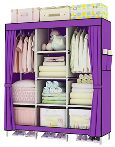 Kleiderschrank Stoff Schrank Schlafzimmer Kleiderschrank Tragbarer Stoffkleiderschrank mit Kleiderstange und Seitentaschen Faltbarer Lila 128x45x170cm