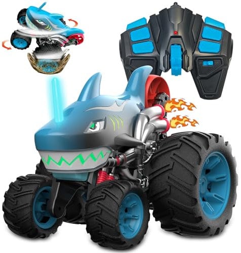 AOUGO Megalodon Monster Truck - All-Terrain Ferngesteuerter Truck, mit Licht, 360° Drehung, aufrechtes Gehen und Driften, Geburtstagsgeschenk für Jungen Mädchen Alter 3 4 5 6 7 8 9 10 (Blue)