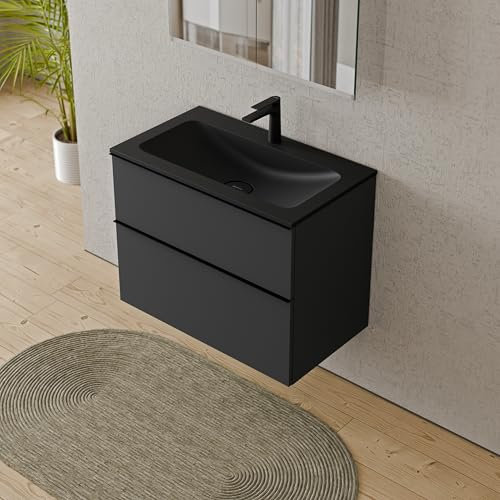 BERNSTEIN Badmöbel-Set Lavoa, Waschtisch-Unterschrank mit Waschbecken 80cm in Anthrazit - CREAM - Schwarz matt mit Hahnloch - 2 Schubladen, Griffe in Schwarz, vormontiert, 5 Jahre Garantie
