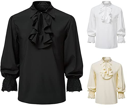 Herren Rüschenhemd Sale Mittelalter Hemd mit Trompetenärmeln Männer Renaissance Kleidung mit Stickerei Viktorian Piraten Hemd Halloween Kostüm Pirat Bluse Gothic Steampunk Kostüme Umlegekragen Shirt