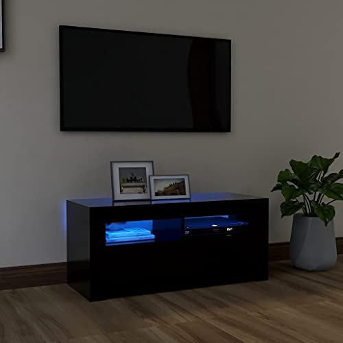 Meuble TV moderne avec lumières LED et rangement - Meuble TV noir pour salon et chambre à coucher - Meuble de rangement HiFi avec rangements - 90 x 35 x 40 cm