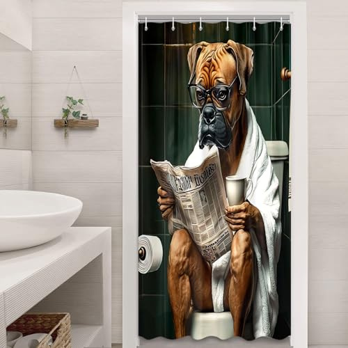 JAWO Lustiger Hunde-Badezimmer-Duschvorhang, niedliche Hunde, die Zeitung lesen, auf Toliet waschbar, Stoff-Duschvorhang-Set mit 12 Haken, 152 x 178 cm