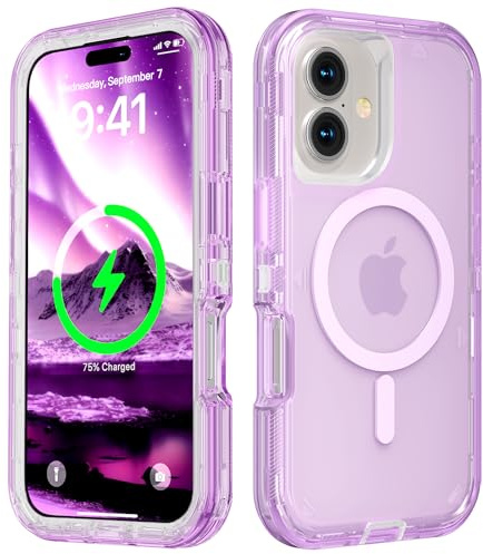 Follaroma for iPhone 16 Plus Case, Compatible with MagSafe, Dual Layer Transparent Magnetic Phone Cases, Heavy Duty Shockproof and Anti-Drop Protective Cover for iPhone 16 Plus, 6.7'', Purple