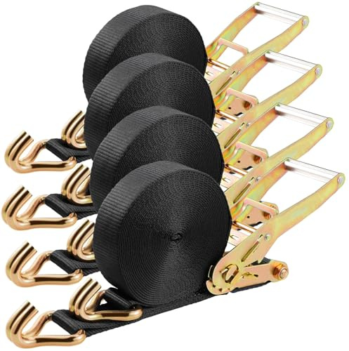 9m X 50mm Double J Hook Ratchet Straps (11,000 lbs Break Strength), Heavy Duty Tie Down Straps for Trucks, Motorcycle, Cargo, Composed of Metal Tensioner and Polyester Strap (Black, 4PCS)