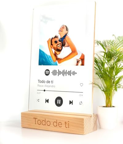 mubusi Cuadro Spotify Personalizado - Color Negro 15x22 cm - Placa de Metacrilato con Base de Madera - Regalos Originales - Placa con Foto y Canción Personalizada
