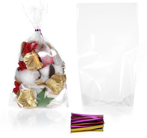 100 Stück Cellophantüten Durchsichtige,Geschenktüten,mit 5 farbigen Bändern Kekstüte Cellophantüten Groß zum Befüllen von Süßigkeiten Schokolade,Weihnachtsbonbons,Weihnacht Splätzchen(25×15cm)