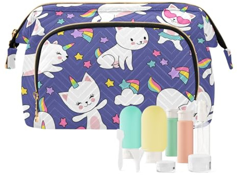 Cute Cats Unicorns Kitten Horned Comic and Colored stars on Purple Women Cosmetic Bag Makeup Bag Stylish Trip Beauty Bag Travel Toiletry Bag with Bottle Organizer 10.2 x 5.9 x 6.7 inch
