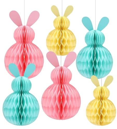 BAIYSFFG Easter Hanging Decorations,6 PCS Rabbit Honeycomb Ball Pendant Decoration Hanging Bunny Pendant Ornament Easter Party Favors