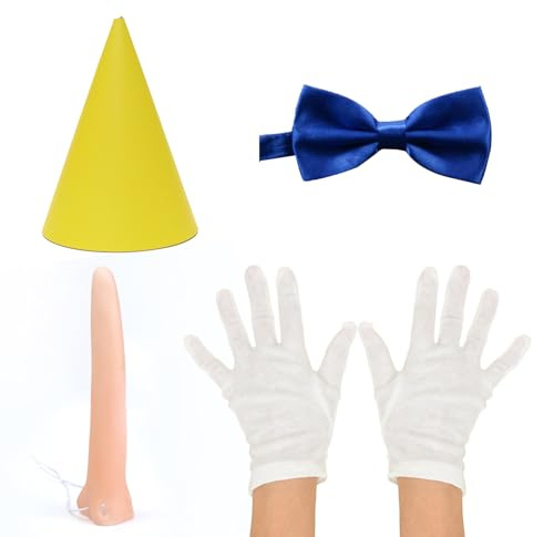 DVOFU Pinocchio Kostüm-Set, Fliege, weiße Handschuhe, lange Nase und gelber Hut, Märchenweltbuchtag, Kostüm für Erwachsene, 4-teilig