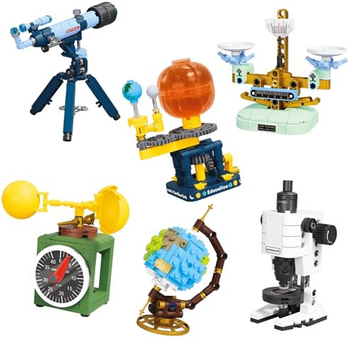 Wissenschaft Klassenraum Werkzeuge Sechs Bausteine Bausatz, Teleskop, Waage, Mikroskop, Globus, Anemometer, Tricorder Modell Spielzeug, STEM Tools Klemmbausteine, Ideen Geschenke für Kinder Erwachsene