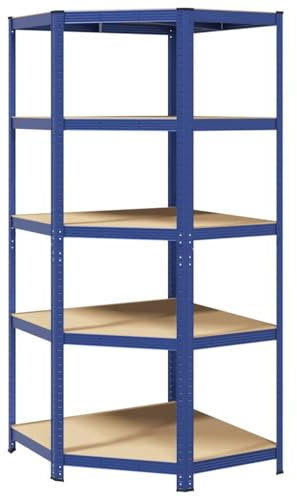 vidaXL 5-Layer Corner Shelf Blue Steel&Engineered Wood, garage shelving, industrial shelving, garage shelving unit, shelving unit, garage racking