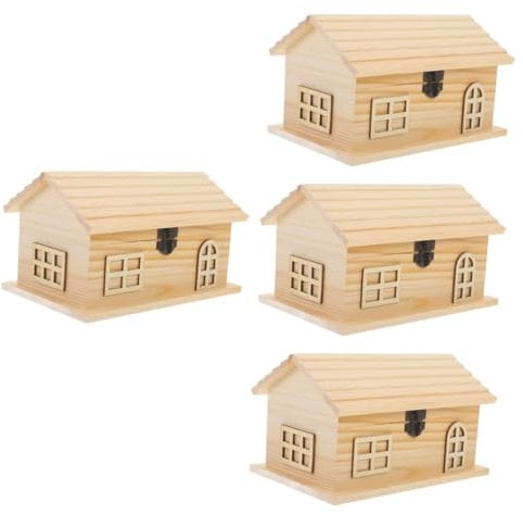 Yardwe 4pcs Funny Unfinished House Wooden Piggy Bank DIY Paint Your Own Coin Bank for Retro Design Saving Box Adorable Space Saving Decoration present