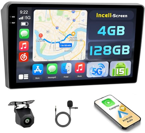 Hikity 4+128GB Radio Coche Android 15 para Peugeot 407 2004-2008 con Carplay Android Auto Inalambrico, Incell Pantalla táctil de 9 Pulgadas con BT/GPS/WiFi/FM/RDS+Cámara Trasera+Mic