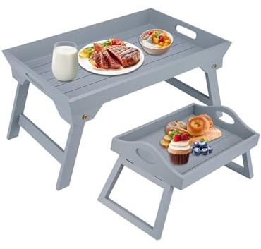 2 Pcs Gray Bed Tray with Folding Legs One Large and One Small with Handles | Breakfast Tray Suitable for Eating On the Knees. Multi Purpose Folding Table and Upright Table Suitable for Beds, Sofas