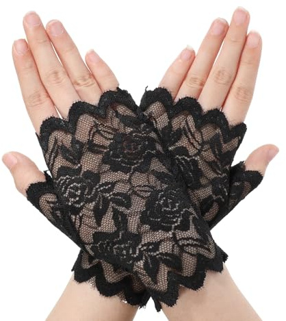 Styquenzer Spitzenhandschuhe Schwarz, Damen Spitze Fingerlose Spitzen Handschuhe Kurze, Schwarz Opernhandschuhe Elegant für Halloween Karneval Teepartys Abschlussbälle, Abendessen Cosplay