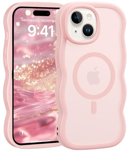 Jrkvniv Magnetisch Handyhülle für iPhone 15 Hülle, Niedliche Lockige Wellen Transluzent Matt Weiche TPU Silikon Case Aesthetic Stoßfest Kratzfes Schutzhülle Cover, Rose
