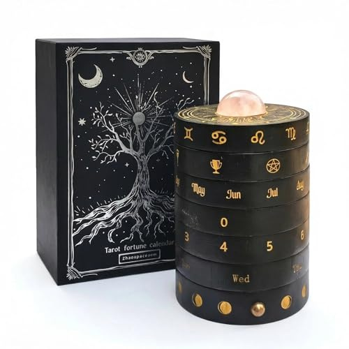 Kinetic Tarot Wheel, 7-Layer Wooden Divination Tool with Mechanical Ratchet & Crystal Top, Handcrafted Perpetual Calendar & Fidget Toy for Modern Mystics, Unique Witchy Altar Decor, Black & Gold