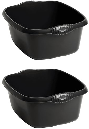 Washing Up Bowl with Integral Handles – High Gloss Durable Plastic Kitchen Sink Bowl – 39cm Rectangular (12L) – Black – Pack of 2