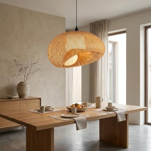 Alpinaluz Lanterne Suspension en Bambou et Rotin SAVANA avec Douille Noire E27 – Design Nid Tressé Naturel, Style Bohème Moderne pour Chambre, Salon ou Salle à Manger, 60x70x34 cm