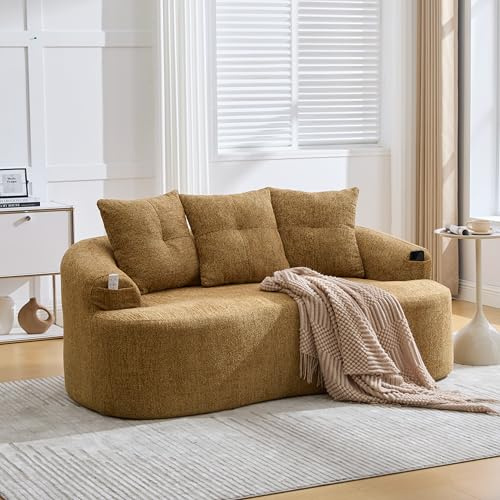 feynoss Sofa 2-Sitzer für kleine Räume mit tiefem Sitz, modernes Chenille Sofa, geschwungen, ohne Montage, Schaumstoff & Taschenfederkern, 164 x 92 x 60 cm, mit 3 Kissen, Grau