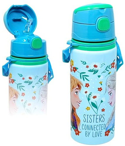 Botella de Agua Infantil Niña para Frozen Fan - Cantimplora Aluminio 600ml con Pajita y Correa (3-10 Años) - Antigoteo, Sin BPA, con Etiqueta Nombre - Ideal Colegio y Guardería